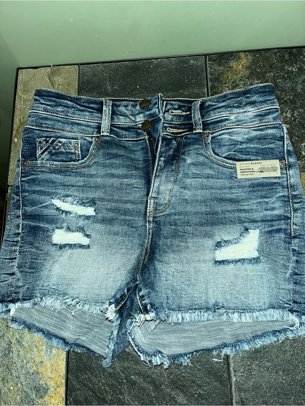 Buckle Distressed High-Rise Denim Shorts - Blue Wash